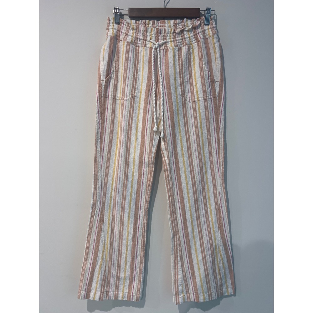 Roxy Women's Oceanside Linen Blend Paperbag Waist Striped Flare Pants Size Small